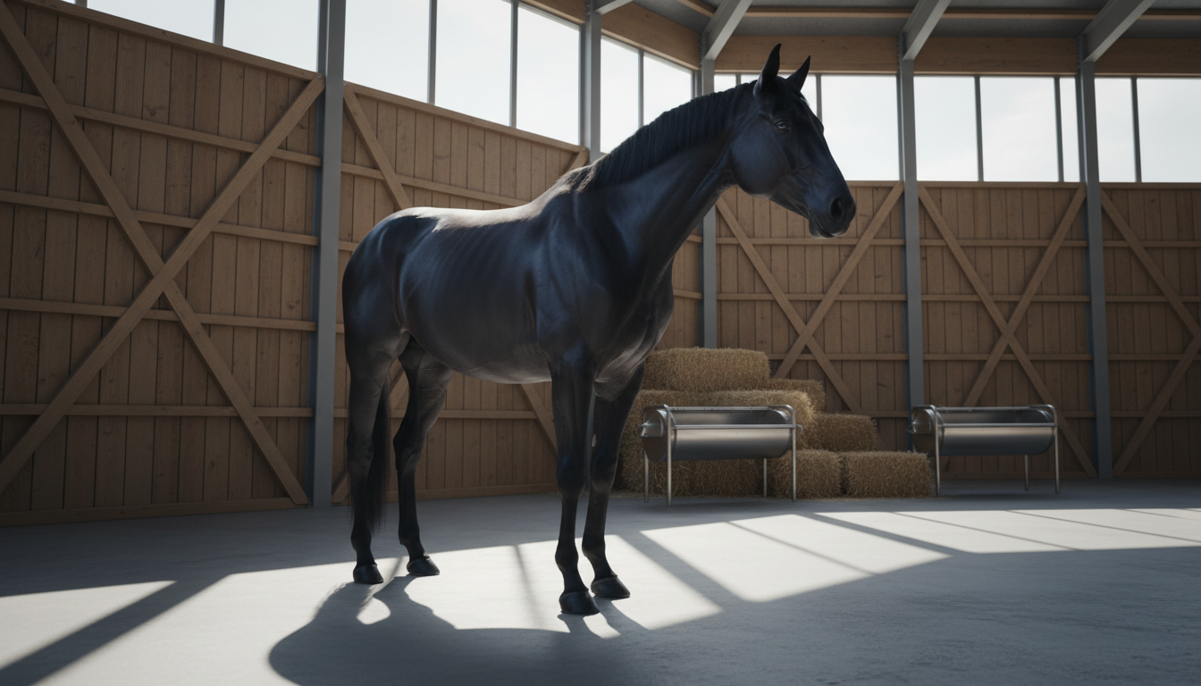 A highly detailed scene of a glossy black horse standing in a modern, open stable with structured wooden walls and clean concrete flooring. Sunlight filters in through large windows, highlighting the horse’s polished coat and creating subtle, sharp shadows beneath it. The environment feels spacious and orderly, with neat hay bales stacked in the background and stainless steel feeding bowls, all rendered in subdued neutral colors. Shot at a low, slightly side-on angle for a dignified, professional mood, the photograph exhibits a clean, balanced composition in line with a corporate, photographic aesthetic for promoting trust in animal communication.