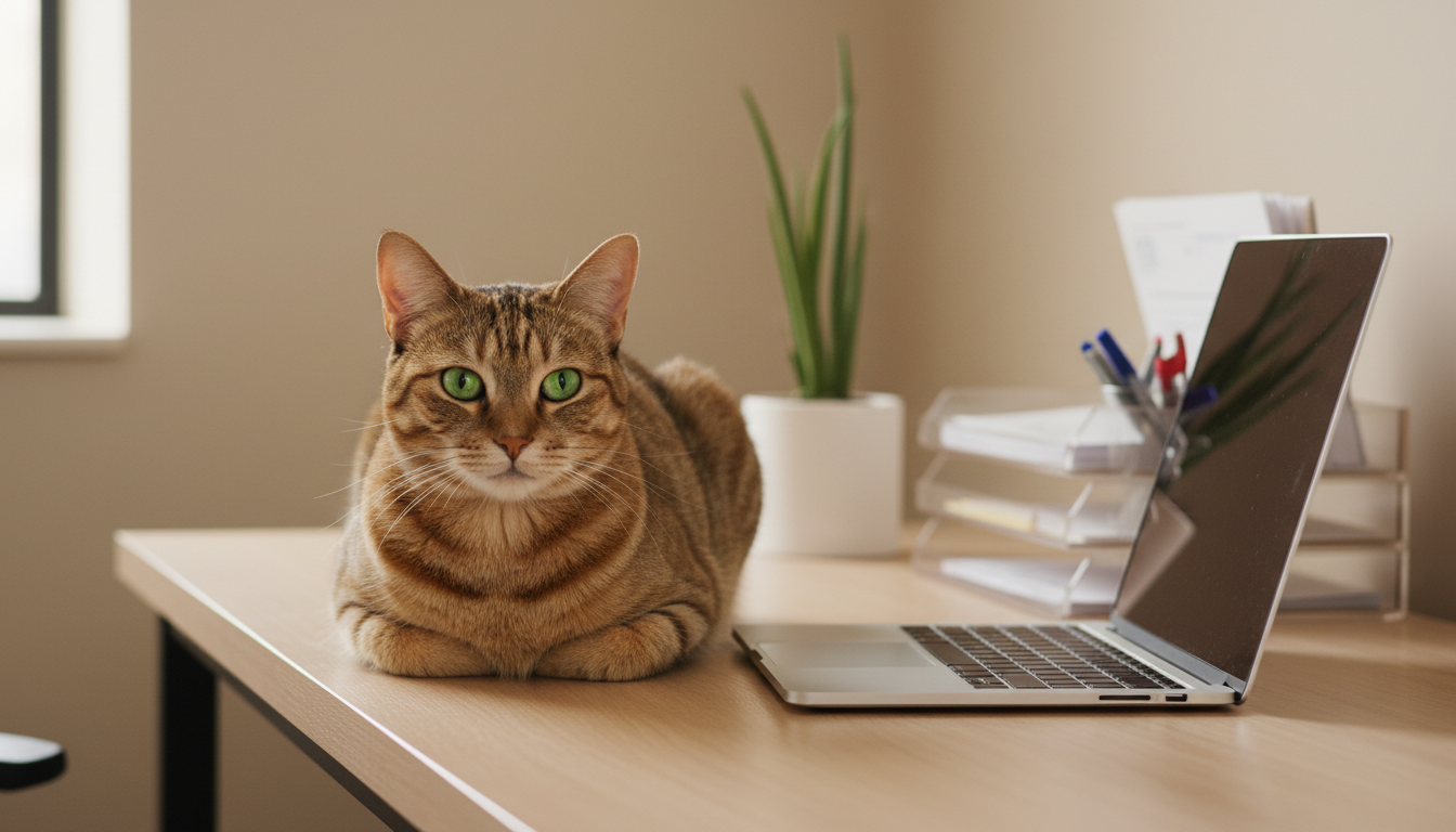 A close-up photographic image of a contented short-haired tabby cat with striking green eyes, resting atop a smooth, light wood desk beside a sleek silver laptop. The setting is a bright, structured home office space with neutral walls, neat organizational trays, and a single minimalist plant in a matte white pot. Soft, natural daylight streams in sideways, gently illuminating the cat's fur textures while maintaining clear, balanced, corporate lines in the environment. Captured from a slightly elevated angle with crisp detail in the foreground, the mood is organized, inviting, and calm, supporting the site's professional, photographic style for animal communication services.